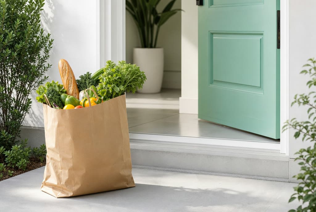 Papiertüte mit frischem Gemüse, Kräutern und Baguette vor einer mintgrünen Haustür