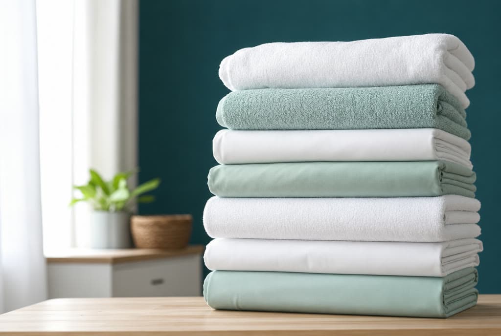Stapel frisch gefalteter Handtücher und Bettwäsche in Weiß und Mintgrün